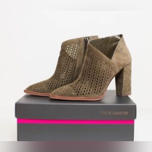 Vince Camuto Lorva Suede Ankle Booties | Size 9 | Taupe | Block Heel |Perforated - Picture 7 of 7